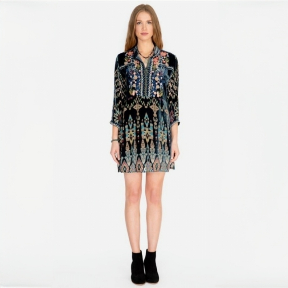 JOHNNY WAS Laurelie Silk Velvet Burnout Embroidered Tunic Dress Size M